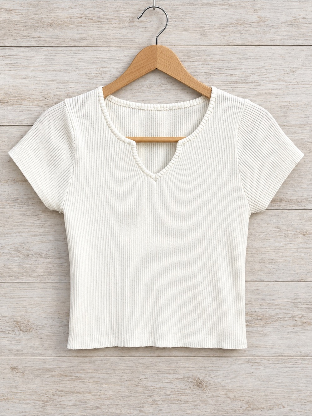 Knit Mix White Ribbed Split Key V-Neck Short Sleeve Crop Top